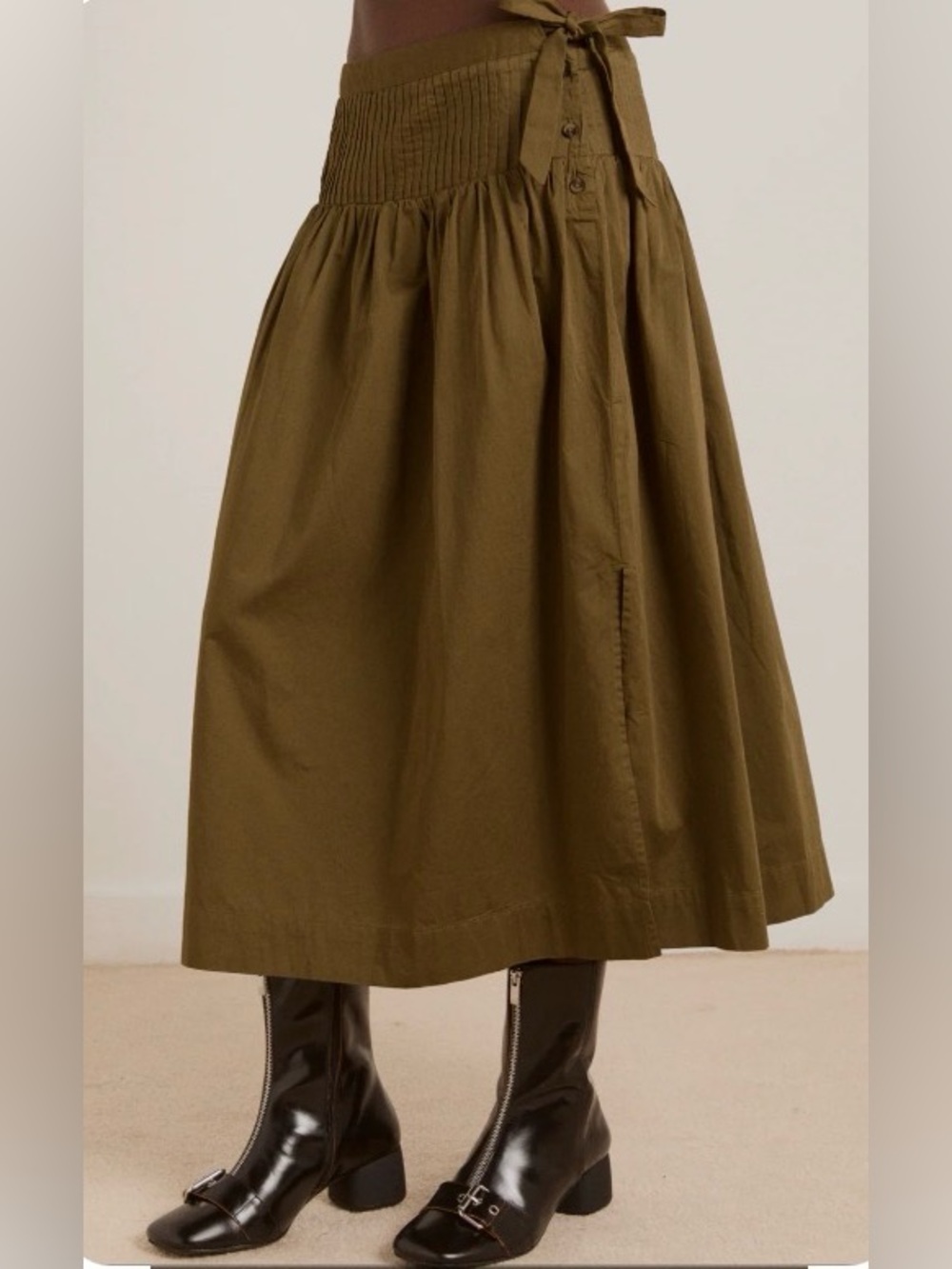 Damson Madder Josie midi skirt Olive green cotton satin